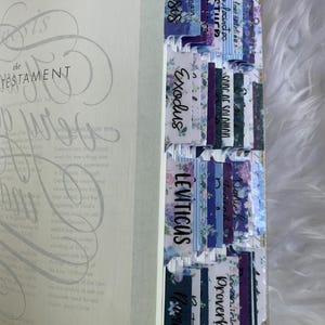 Peut inclure: Gros plan sur une Bible avec des onglets à motifs floraux colorés marquant les différents livres de l'Ancien Testament. Les onglets sont étiquetés avec les noms des livres, y compris Genèse, Exode, Lévitique, Nombres, Deutéronome, Josué, Juges, Ruth, 1 Samuel, 2 Samuel, 1 Rois, 2 Rois, 1 Chroniques, 2 Chroniques, Esdras, Néhémie, Esther, Job, Psaumes, Proverbes, Ecclésiaste, Cantique des Cantiques, Isaïe, Jérémie, Lamentations, Ézéchiel, Daniel, Osée, Joël, Amos, Abdias, Jonas, Michée, Nahum, Habacuc, Sophonie, Aggée, Zacharie, Malachie.