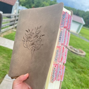 May include: A brown leather-bound journal with floral design on the cover. The spine has colorful tabs with the names of the books of the Bible: Numbers, Leviticus, Exodus, and Genesis.