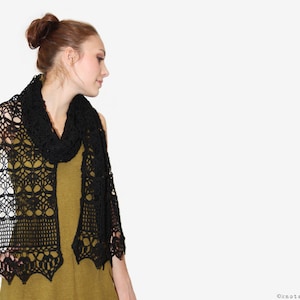 May include: A black crochet shawl with a delicate lace pattern. The shawl is draped around the shoulders of a person wearing a green dress.