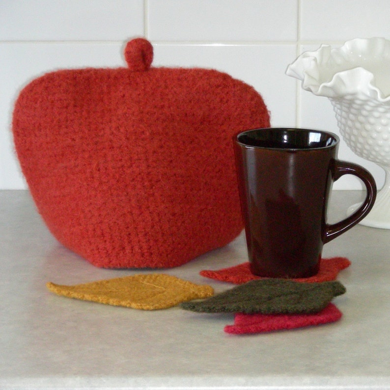 CROCHET PATTERN Felted Tea Cozy and Leaf Coasters Instant Download PDF image 2