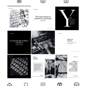Pode incluir: Um perfil de mídia social para uma academia de redação. A foto do perfil mostra uma máquina de escrever vintage. O perfil tem 9 postagens, 1.515 seguidores e 183 pessoas que seguem. O site é www.reallygreatsite.com. O perfil inclui uma grade de imagens com citações sobre escrita e criatividade. As citações incluem: "Se soa como escrita, eu reescrevo." - Elmore Leonard, "O pior inimigo da criatividade é a dúvida." - Sylvia Plath, "Apelo à emoção." e "Faça simples. Faça memorável. Faça convidativo para olhar. Faça divertido de ler." - Leo Burnett.