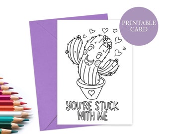 Printable Coloring Card | Cute Cactus Card | You're stuck with me card | Color it Yourself | Coloring Page Card | Instant Download