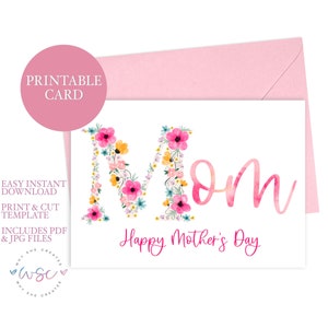 Peut inclure: Carte imprimable avec une lettre "M" florale et le mot "Maman" en &eacute;criture rose. Le texte "Joyeuse f&ecirc;te des m&egrave;res" est sous le mot "Maman".
