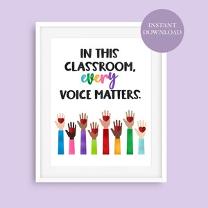 In this classroom every voice matters Print | Classroom Art Posters | Raised hands Print | Inclusive Art | Equality Print | Instant Download