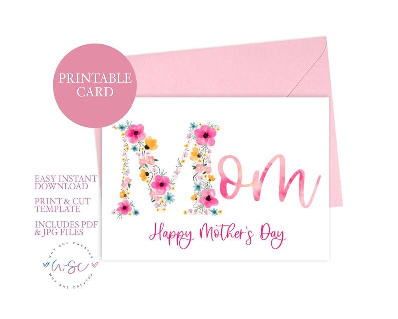 Peut inclure: Carte imprimable avec une lettre "M" florale et le mot "Maman" en &eacute;criture rose. Le texte "Joyeuse f&ecirc;te des m&egrave;res" est sous le mot "Maman".