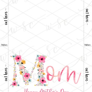 Peut inclure: Carte imprimable avec une lettre M florale et le mot "Maman" en &eacute;criture cursive rose. Le texte "Joyeuse f&ecirc;te des m&egrave;res" est plac&eacute; sous le mot "Maman".