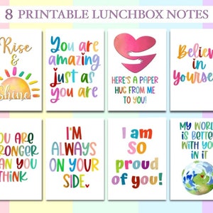 8 notas imprimibles para la lonchera / Notas positivas / Notas para el almuerzo para niños y preadolescentes / Tarjetas de aliento / Notas para niños