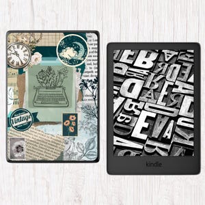 May include: A collage of vintage-style images and text on a Kindle e-reader. The collage includes a typewriter, flowers, a clock, and the word "Vintage". The Kindle e-reader is black and has the word "Kindle" printed on the bottom.