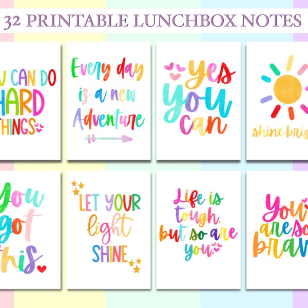 Afdrukbare Lunchbox-notities | Positieve opmerkingen | Inspirerende notities voor kinderen en tweens | Aanmoedigingskaarten | Opmerkingen voor kinderen | 32 Notities PDF