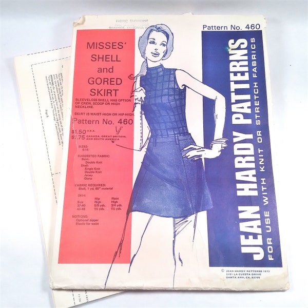 Mini Skirt & Sleeveless Top 1973 Jean Hardy Pattern #460 Knit or Stretch Fabric Uncut Size 6-16