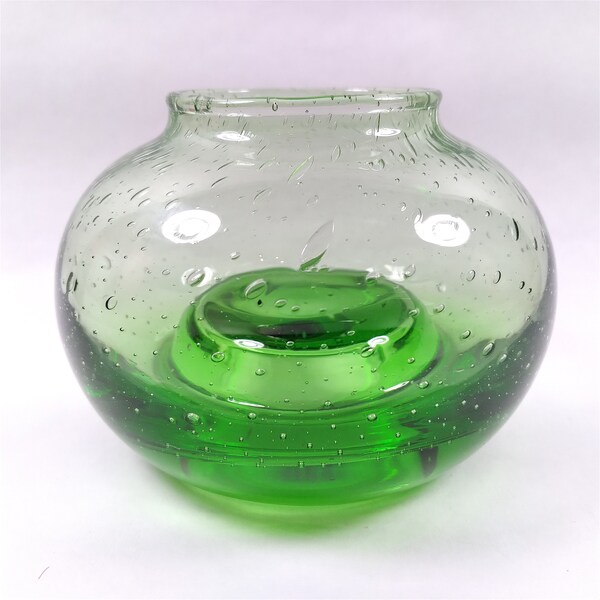 Blown Glass Bud Vase Grass Green Bubbles 2.75" Tall Molded Frog Murano Style