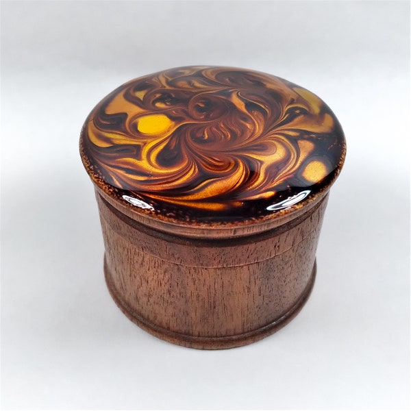 Trinket Box Handmade Wood Artist Signed Decorated Lid Browns Golds Round