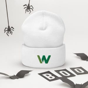 May include: White knitted beanie with an embroidered green and white letter W.