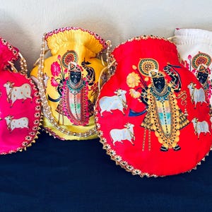 Pichwai Print Potli Bag: Shrinathji Design, Pearl Beaded Drawstring Pouch, Wedding Favor Gift