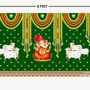 May include: A green backdrop featuring a central image of the Hindu deity Ganesha, flanked by white cows. The backdrop is 8 feet wide and 5 feet tall, with decorative garlands and a patterned border.