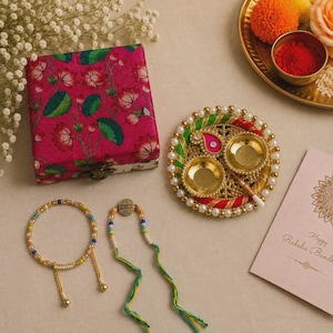 Handmade Rakhi Lumba, Evil Eye and Tree of Life, Roli chaval, Gift box