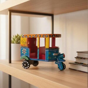 Wooden hand painted auto rickshaw toy Indian tuk tuk decor showpiece