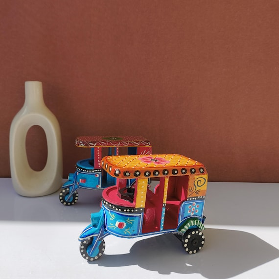 Wooden Hand Painted Auto Rickshaw Toy, home decor