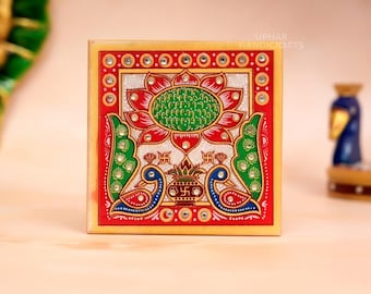 Hand Painted Marble Puja Chowki, Peacock Kalash Art Bajot, Indian Mandir Table Decor