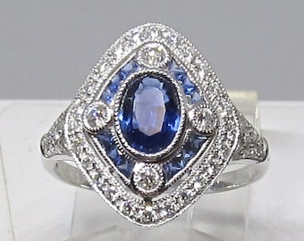 Art Deco Style Sapphire and Diamond Ring 18Kt White Gold (1128)