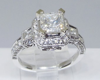 Diamond Engagement Ring, Art Deco Style, Square Cut Diamond, 18Kt Gold (1020)