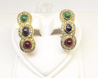 Ruby Sapphire Emerald and Diamond Earrings 14Kt Gold (948)