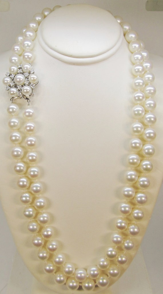 Double Strand of Japanese Cultures Pearls with Dia