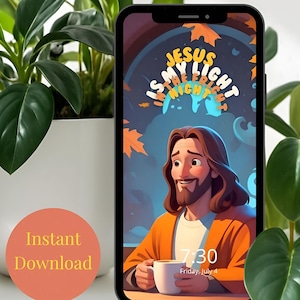 Op de afbeelding: Een smartphone toont een digitale illustratie van Jezus met een mok, met de tekst "JESUS IS MY LIGHT IN THE NIGHT". De tijd is 7:30 uur, vrijdag 4 juli. Een oranje cirkel met "Direct downloaden" staat op de voorgrond.