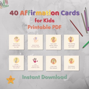 Biglietti di affermazione della fede per bambini, 40 regali di affermazione positiva per bambini cristiani, ispirati alle Scritture, illustrazione con impronta di mano