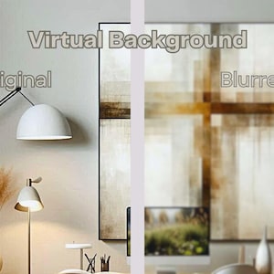 May include: A comparison of an original and blurred image of an abstract painting with brown and beige stripes on a white background. The text "Virtual Background" is displayed above the images. The text "Original" is displayed above the original image. The text "Blurred" is displayed above the blurred image.
