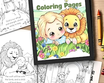 May include: A collection of "Daniel Coloring Pages" with illustrations. The cover features a cartoon child with a lion. Other pages show line drawings of biblical scenes, with text like "God is our refuge" and "The wolf will live with the lamb."