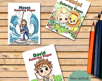 May include: Three children's coloring books with the titles "Moses Coloring Pages", "Daniel Coloring Pages", and "David Coloring Pages". Each book features a colorful illustration of a biblical character. Colored pencils are visible on the right. The text "New Arrival 15% off for 7 days" is also visible.