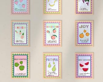 Fruits of the Spirit Wall Art Set - 9 Christian Art Fruit, Galatians 5 22 Print, Bible Typography, Scripture Gift for Mom Grandma