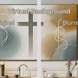 May include: A framed abstract painting with a cross and swirling lines in shades of gray, blue, and white. The text "Virtual Background" is above the painting, and the text "Original" is below the painting. The painting is on a white wall.