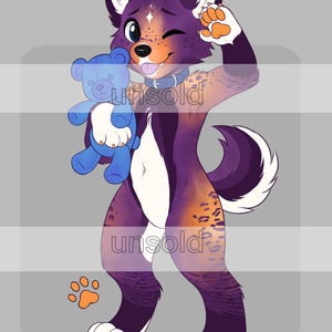 May include: A digital illustration of an anthropomorphic purple and orange wolf-like creature with a white belly and paw pads, winking while holding a blue teddy bear. The character wears a blue collar and has the word unsold printed twice.