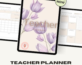May include: A digital teacher planner displayed on three tablets. The central tablet features a floral design with purple tulips and the words "Teacher Planner." The text "Download Now" is in a green circle. The bottom of the image reads "Teacher Planner for a Sane School Year."