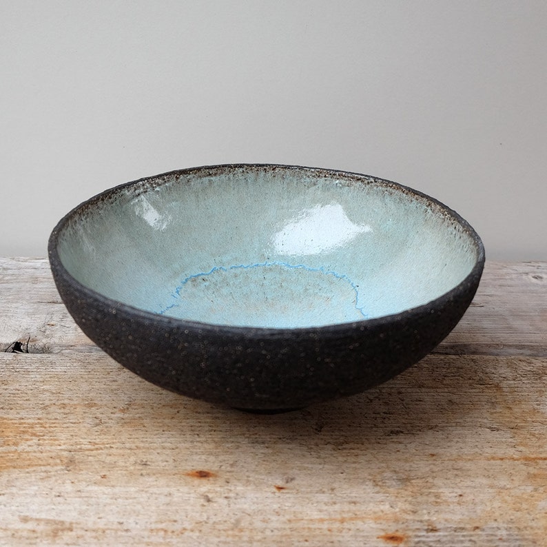 Earthy Black Ceramic Fruit Bowl with Turquoise Glaze Etsy