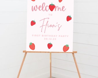 BERRY eerste verjaardag bewerkbare poster/teken voor feest. Digitale Canva-sjabloon. Baby eerste verjaardag. Aardbei-thema