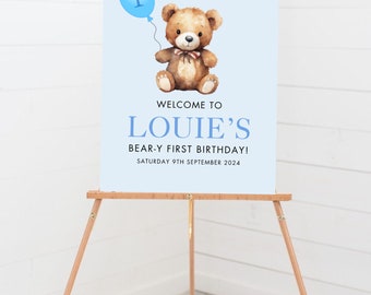 BEARY eerste verjaardag digitaal bewerkbaar teken/poster. verjaardagsfeestje 1e verjaardag beer picknick thema digitaal.