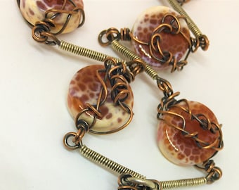 Wire Wrapped Artisan Pendant Necklace, Fire Cracker Agate, Sterling Silver, Copper Wrapped Beads, unique gift necklace, ON SALE NOW