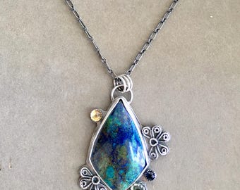 Sterling Silver Azurite/Malachite multi-gemstone Pendant Necklace/OOAK/Artisan made