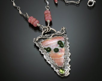 Ocean jasper gemstone necklace in sterling silver with green peridot and pink rhodonite. ooak design.  artisan made. ON SALE NOW