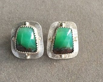 Chrysoprase stud rectangular earrings in sterling silver/fancy stud earrings/sterling silver post earrings/green stone studs/statement studs