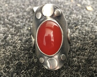 Carnelian saddle ring in sterling silver/large Boho ring/cigar band ring/orange Carnelian ring/Mod Spirals/OOAK ring/holiday gift idea