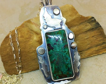Bird pendant necklace/sterling silver/link chain/Quail/Chrysocolla gemstone/gemstone pendant/green stone/OOAK/artisan made/nature inspired