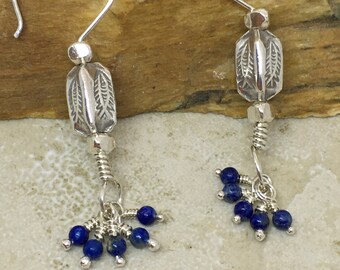 Sterling silver hoop earrings with Thai silver beads and lapis lazuli tiny bead cluster drops/ethnic style silver earrings/silver hoops