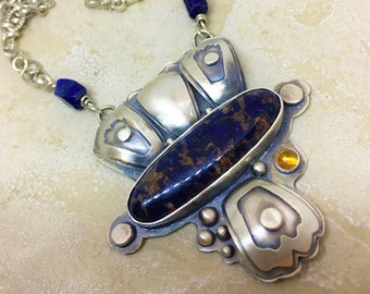 Blue Goddess Pendant Necklace, Sodalite, Lapis, Citrine,  Artisan Made, Textured Chain, Special Gift for Wife, ON SALE NOW