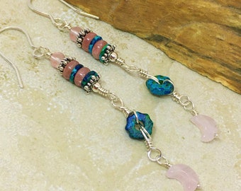 Pink and blue bead stack earrings with moon detail/long dangle earrings/moons and gears/quartz and rhodochrosite gemstones/sterling silver