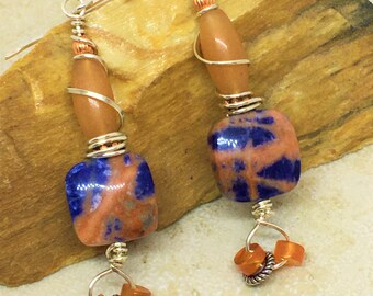 Sodalite and carnelian cube bead drop earrings. Sterling silver wire wrapped sodalite and carnelian stones in various shapes. Bead stack