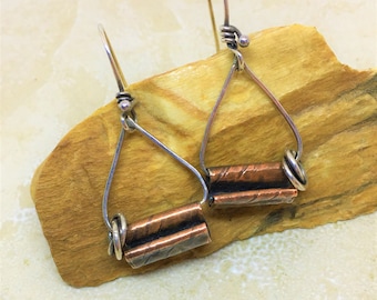 Geometric triangle earrings in sterling silver with copper folded detail.  OOAK design. Triangle earrings.